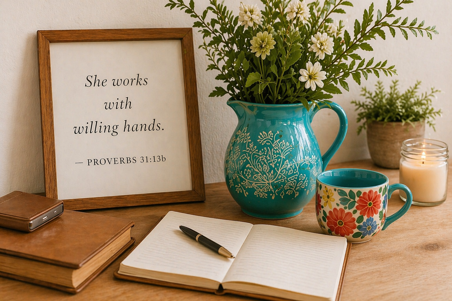 A framed Proverbs verse beside flowers, a journal, and a teal pitcher