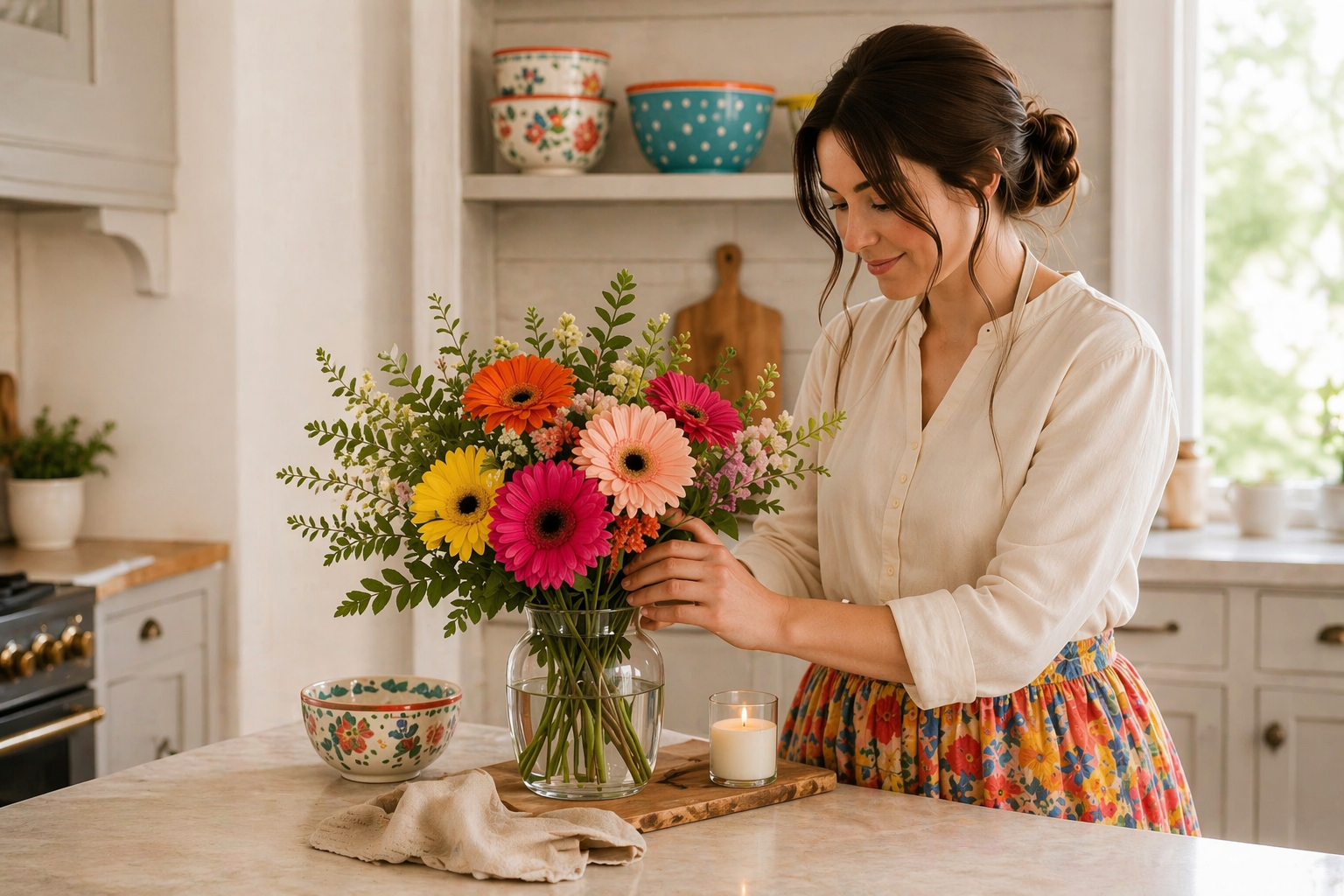 A woman arranging flowers in a sunlit kitchen