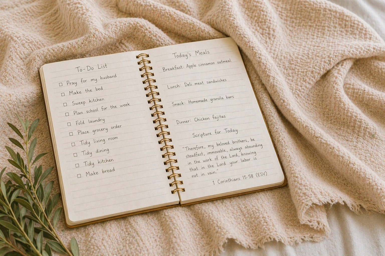 A planner open to a list of to-dos, meals, and a scripture reference