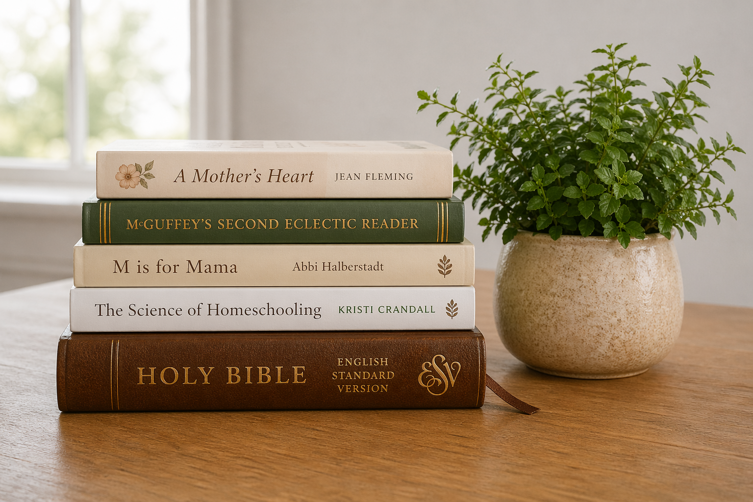 A stack of mothering and homeschool books beside the Bible
